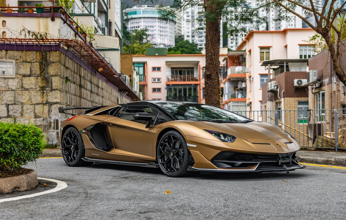 Photo wallpaper city, Roadster, Lamborghini, Aventador, Lamborghini Aventador, Supercar, Lamborghini Aventador SVJ Roadster
