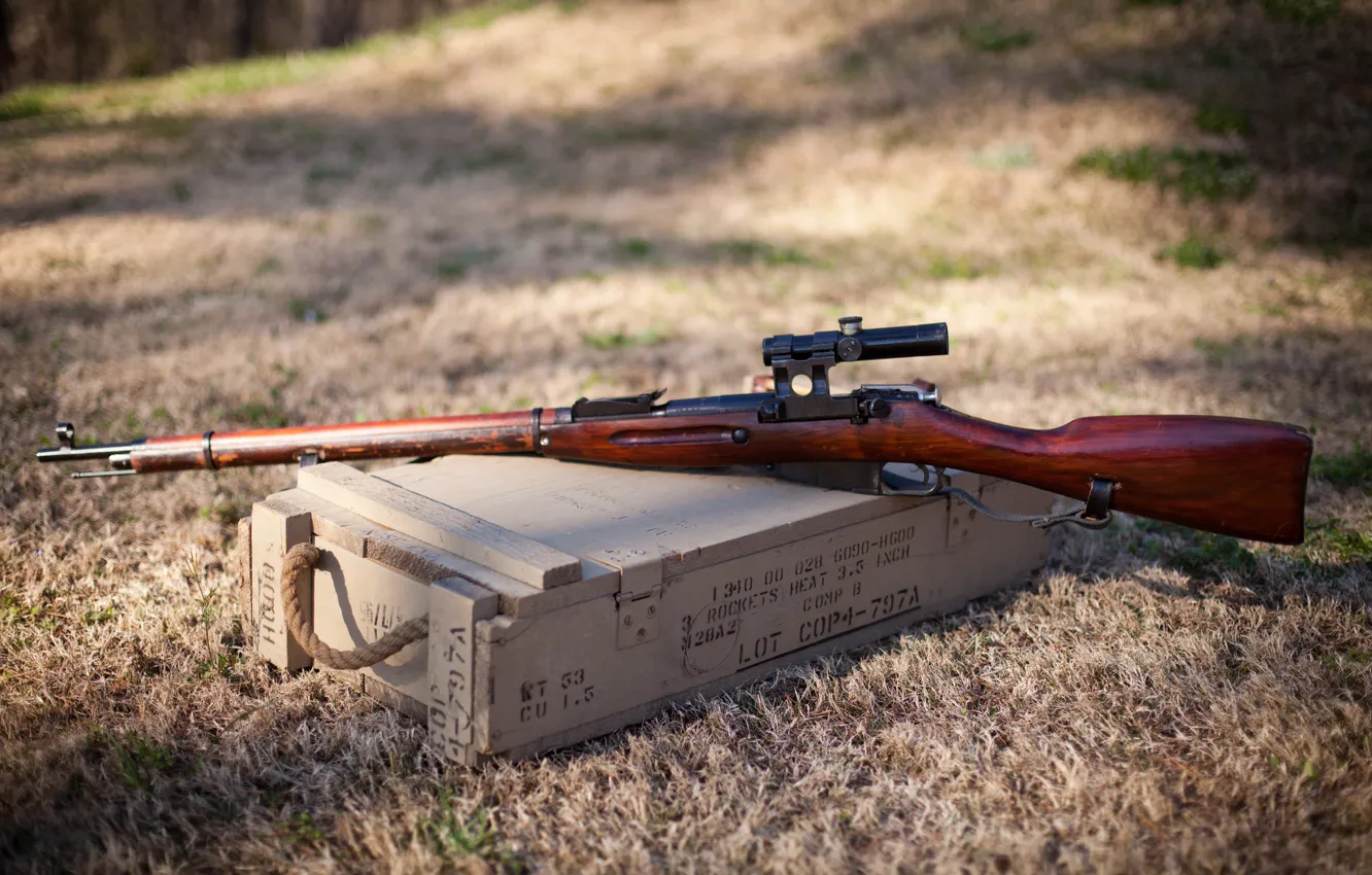 Photo wallpaper field, box, rifle, sniper, Mosin, M91/30, store