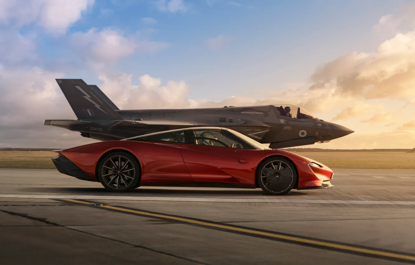 Photo wallpaper Hypercar, Hypercar, Lockheed Martin F-35 Lightning II, McLaren Speedtail, Stealth multirole combat aircraft, Multi-purpose stealth …