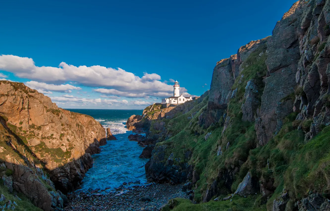 Photo wallpaper sea, clouds, landscape, rocks, lighthouse, Ireland, Donegal, Fanad Head Lighthouse