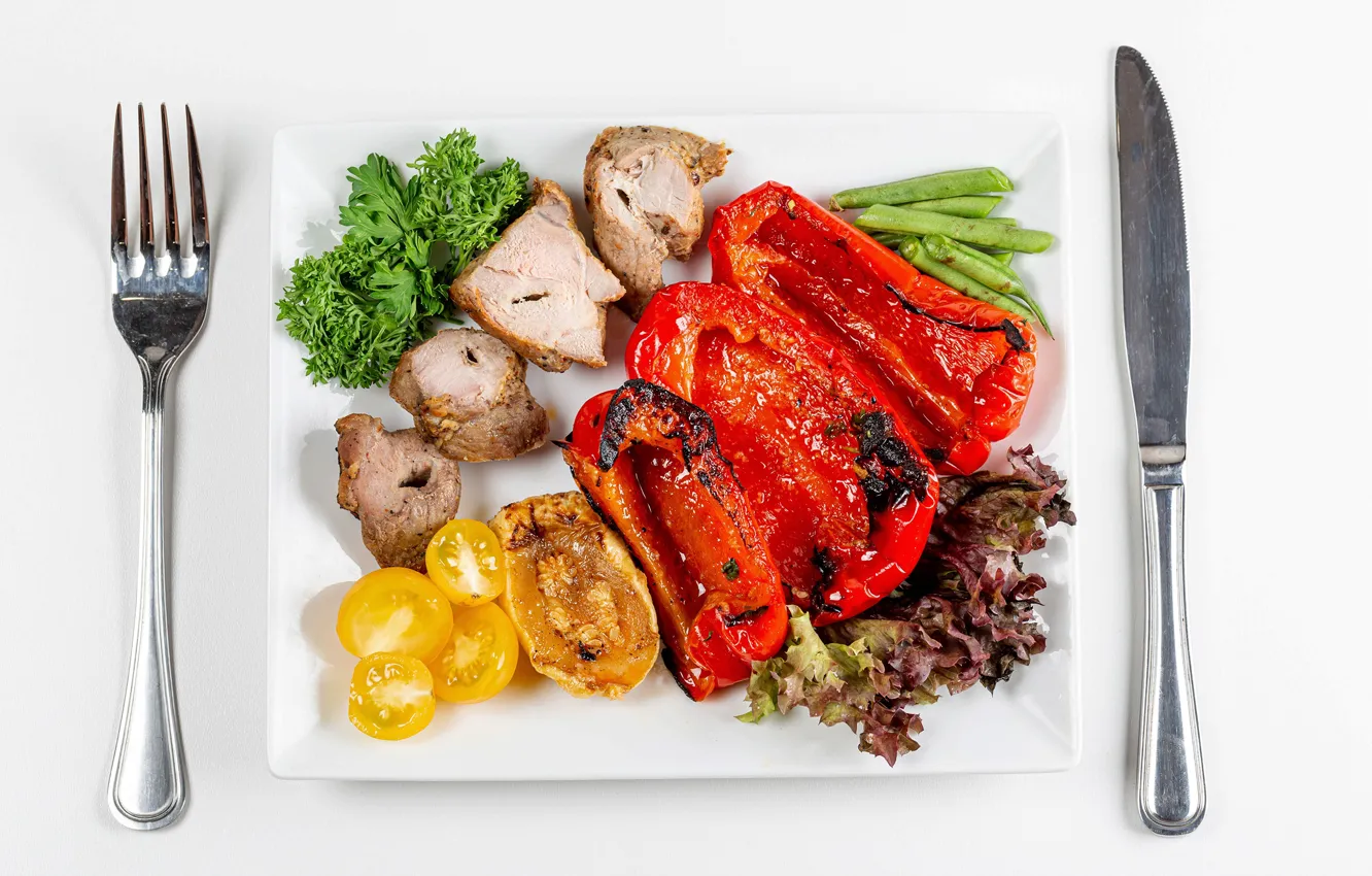 Photo wallpaper greens, knife, meat, pepper, vegetables, tomatoes, kebab