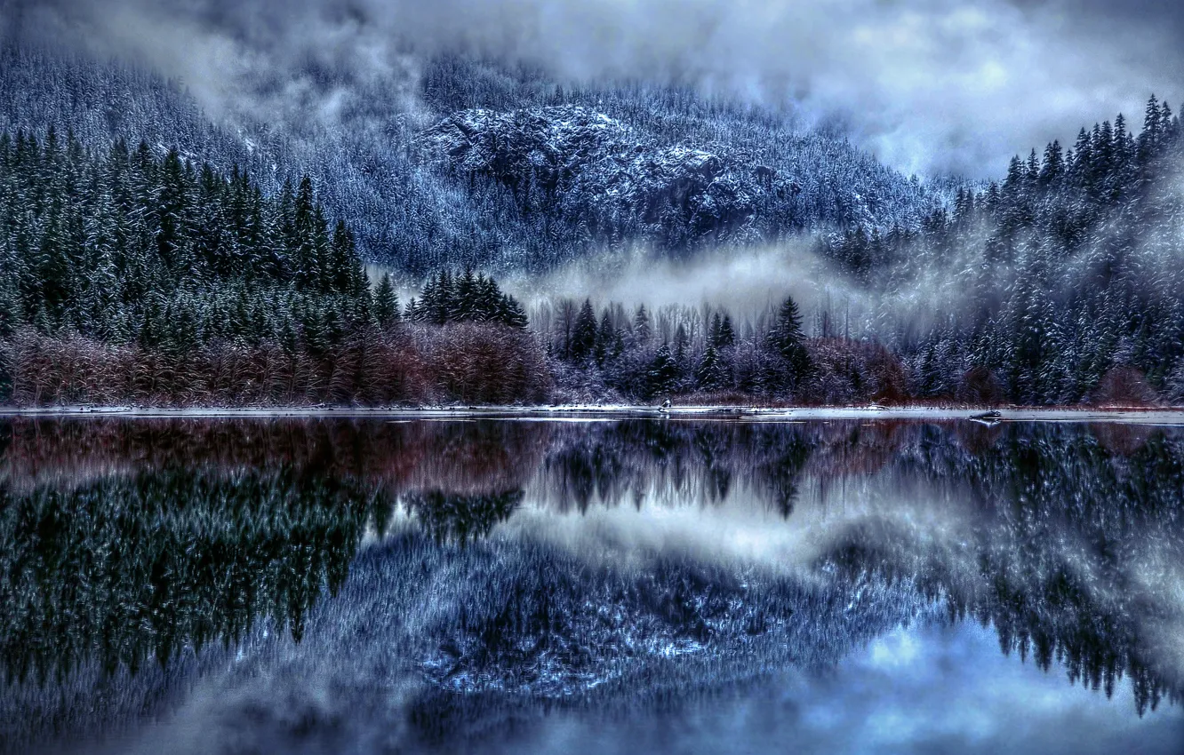 Photo wallpaper winter, snow, nature, fog, lake