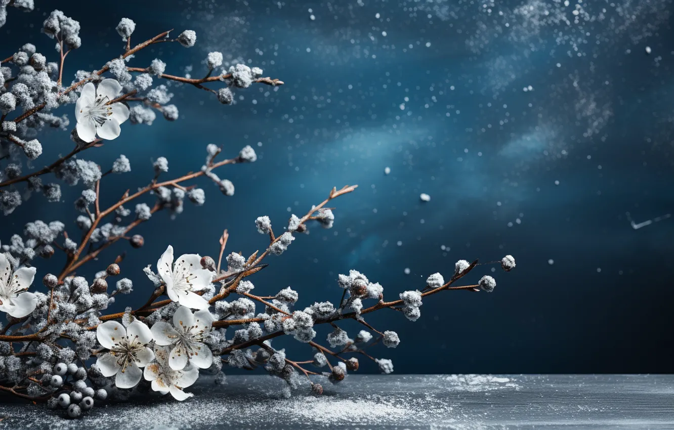 Photo wallpaper winter, frost, snow, flowers, branches, new year, Christmas, white