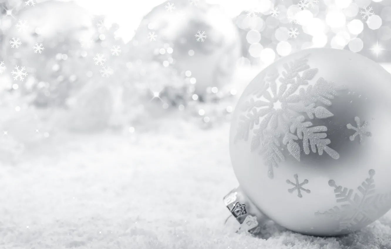 Photo wallpaper white, snow, snowflakes, toy, ball, New Year, Christmas, Christmas