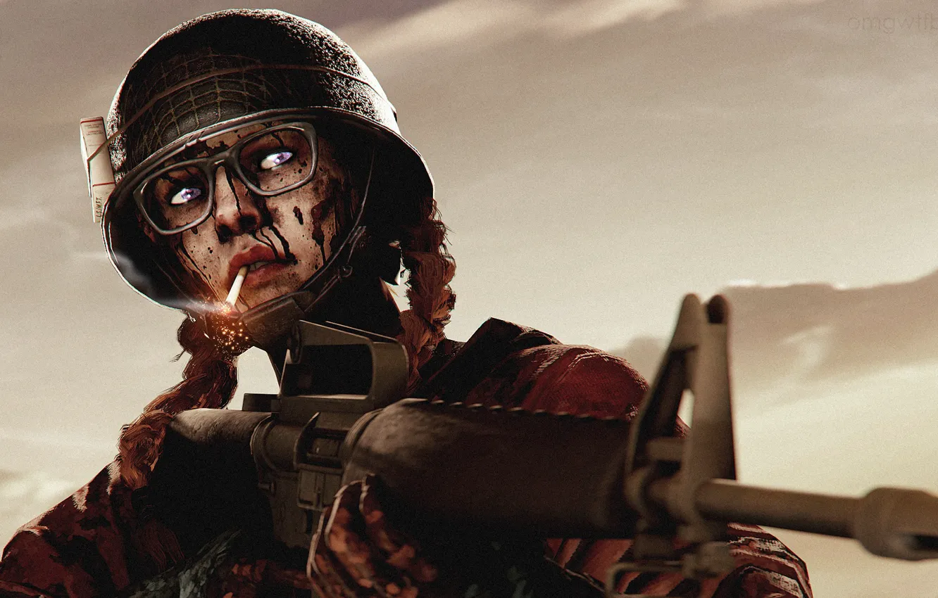 Photo wallpaper rendering, blood, glasses, soldiers, cigarette, machine, helmet