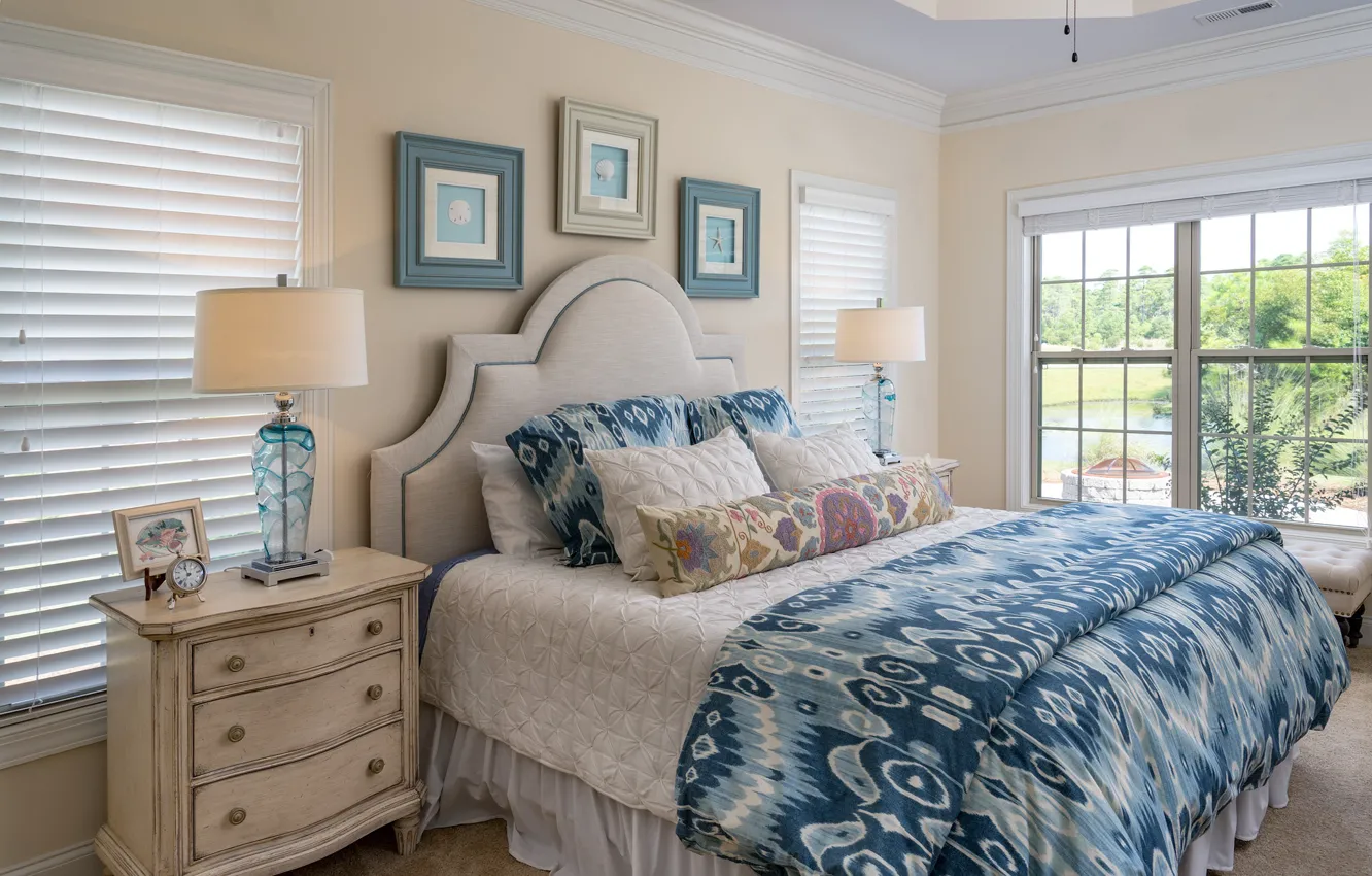Photo wallpaper linen, lamp, bed, bedroom, chest