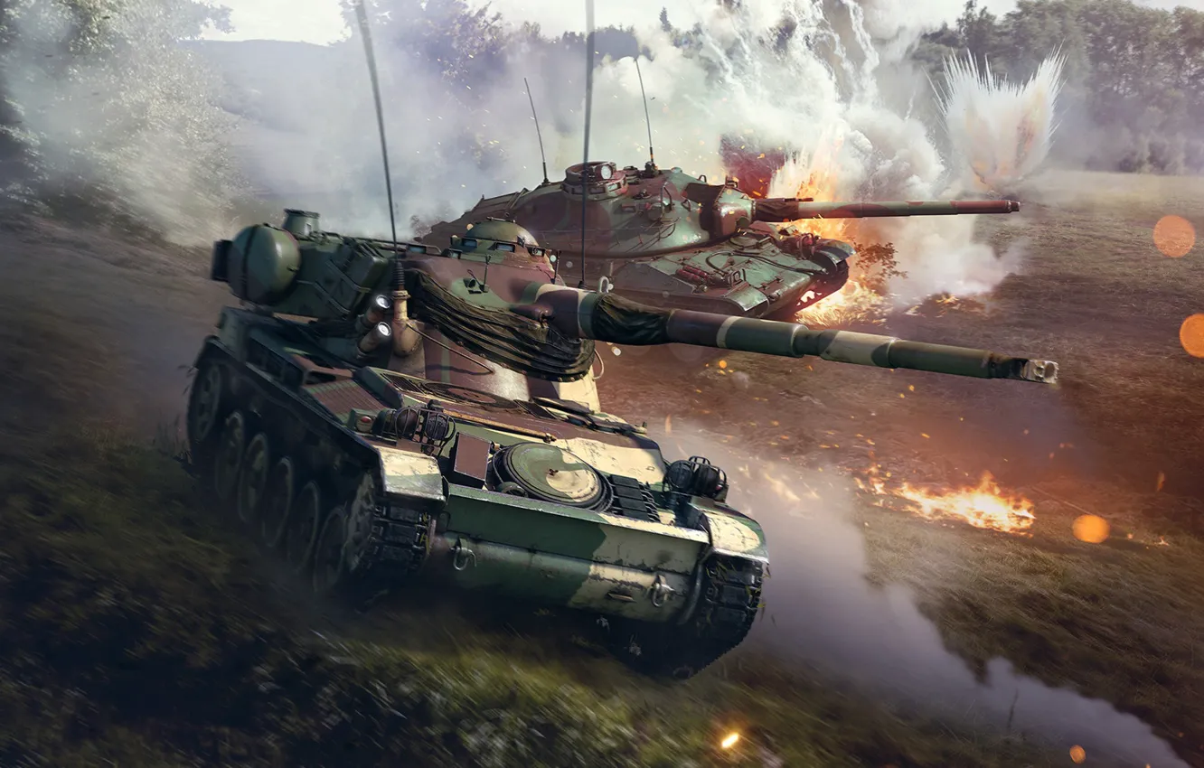 Photo wallpaper the explosion, war, attack, the game, smoke, technique, tank, battle