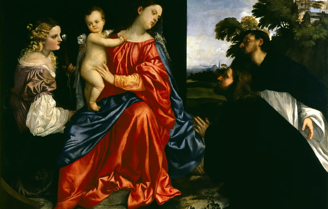 Photo wallpaper Titian Vecellio, The Madonna and child, 1512-1516, St Dominic and a donor, St Catherine