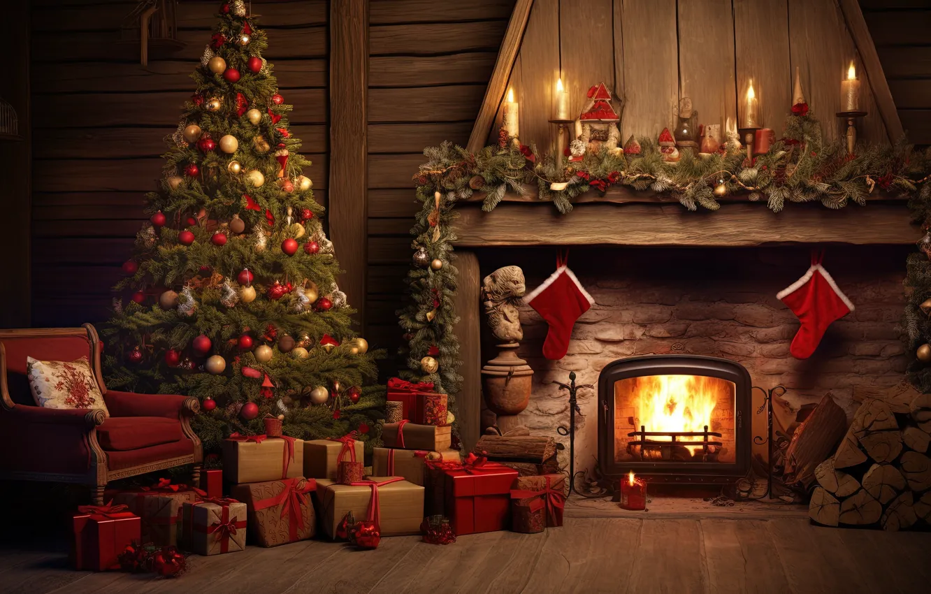 Photo wallpaper decoration, room, balls, tree, interior, chair, New Year, Christmas