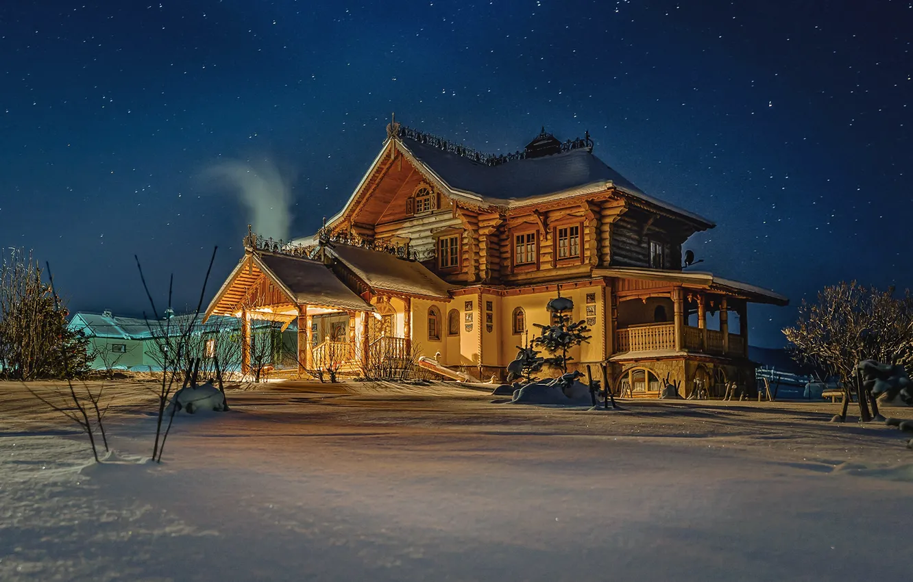 Photo wallpaper winter, the sky, stars, snow, landscape, night, nature, home