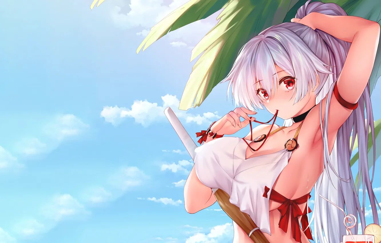 Photo wallpaper girl, sexy, cleavage, sky, long hair, boobs, anime, beautiful