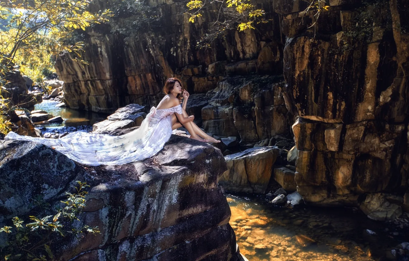 Photo wallpaper river, mood, rocks, feet, dress, Asian, the bride