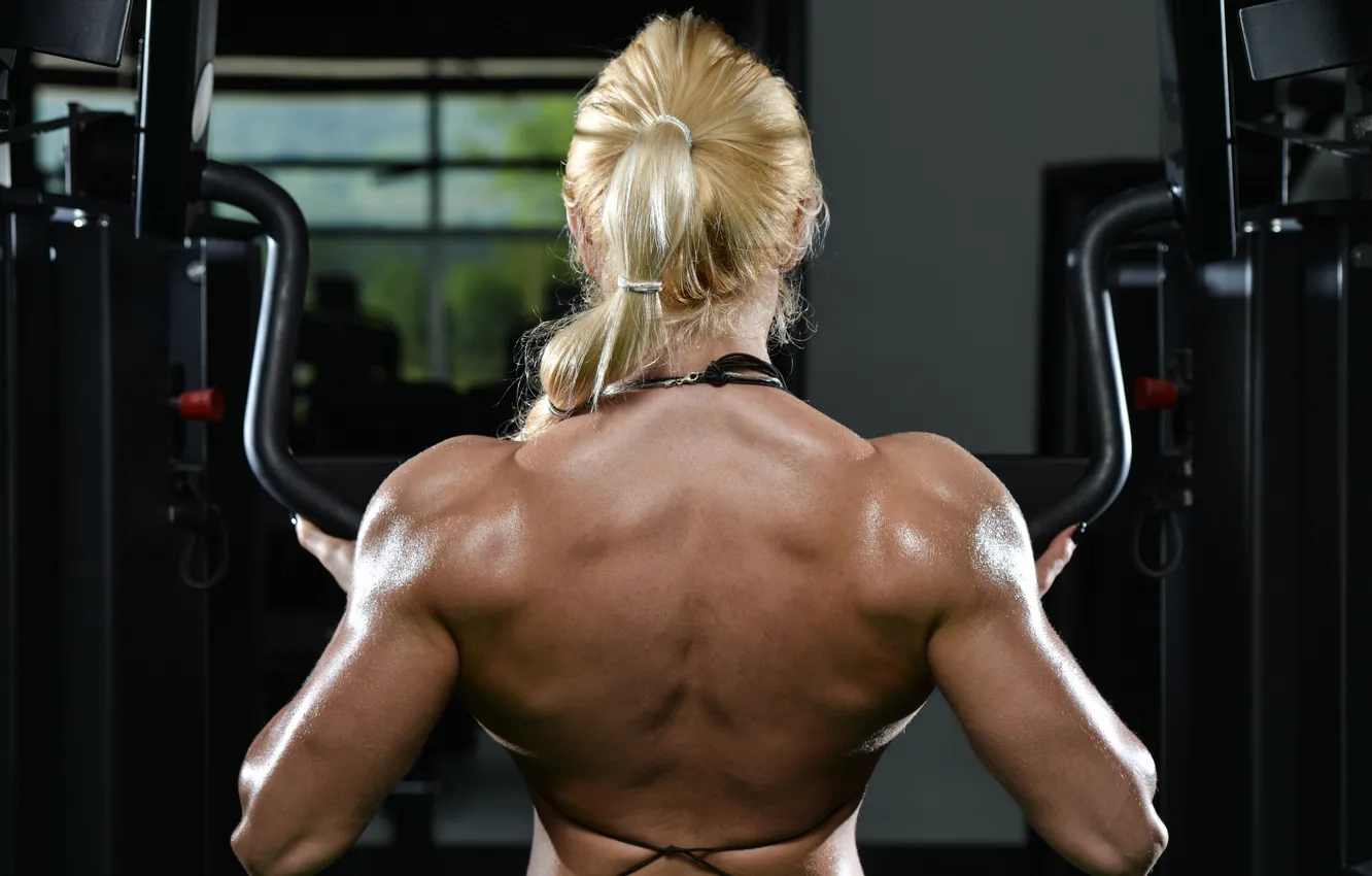 Photo wallpaper blonde, back, gym, bodybuilder