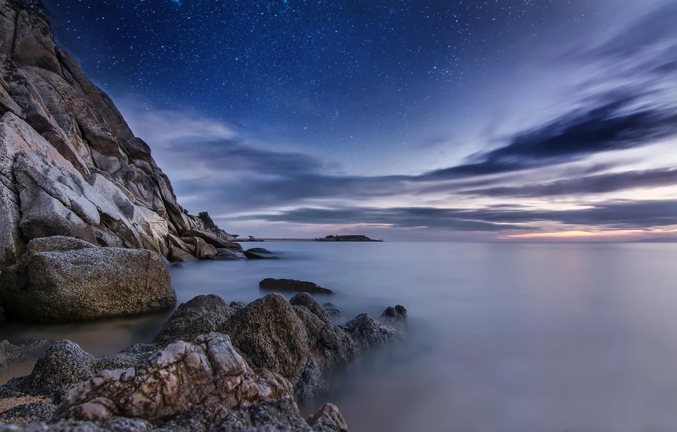 Photo wallpaper the sky, water, stars, clouds, landscape, surface, stones, rocks
