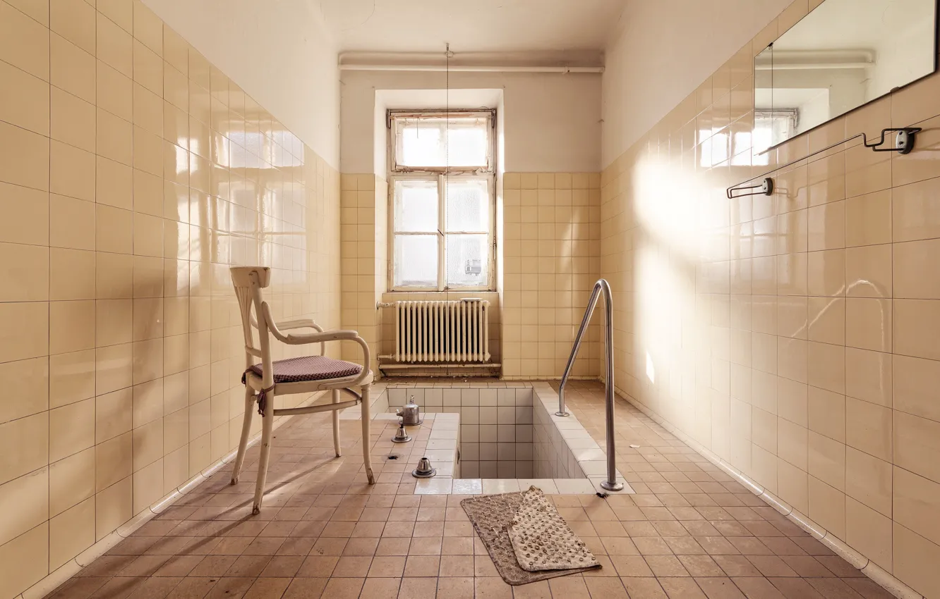 Photo wallpaper chair, window, sunlight, bathroom, abandoned, mirror, carpet, tub