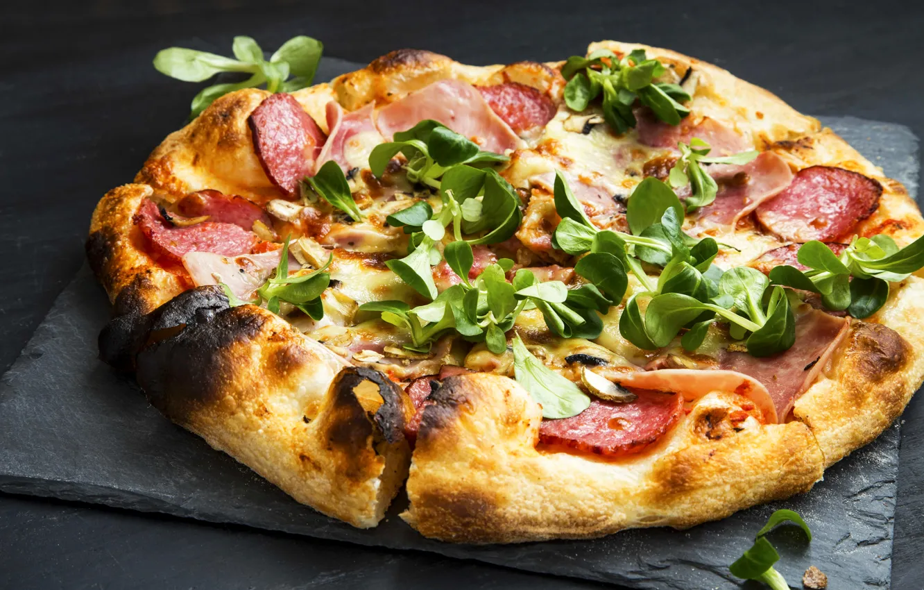 Photo wallpaper greens, cheese, pizza, sausage, pizza, cheese, fast food, ham