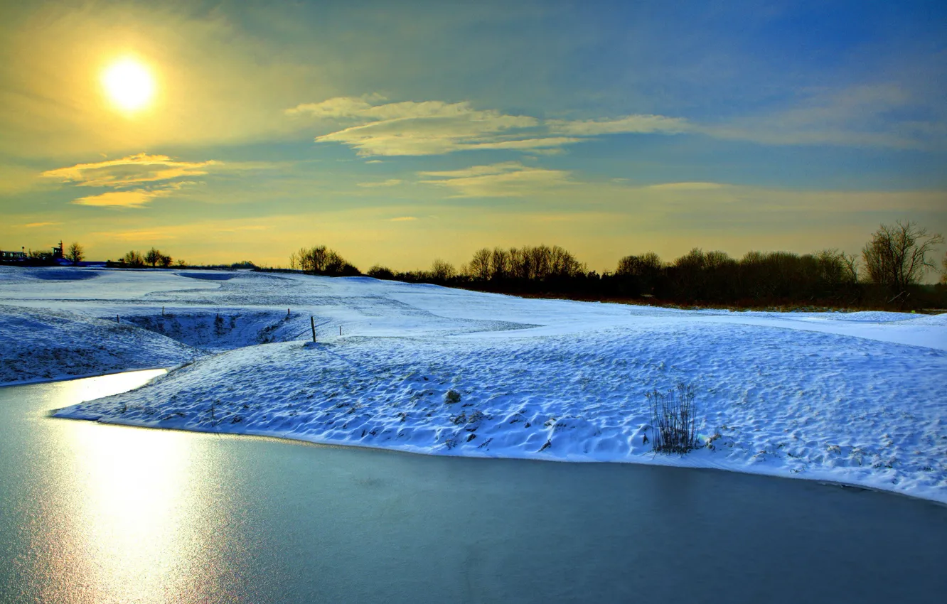 Photo wallpaper winter, the sun, snow, Germany, pond, Ediger-Eller, Ediger-Eller