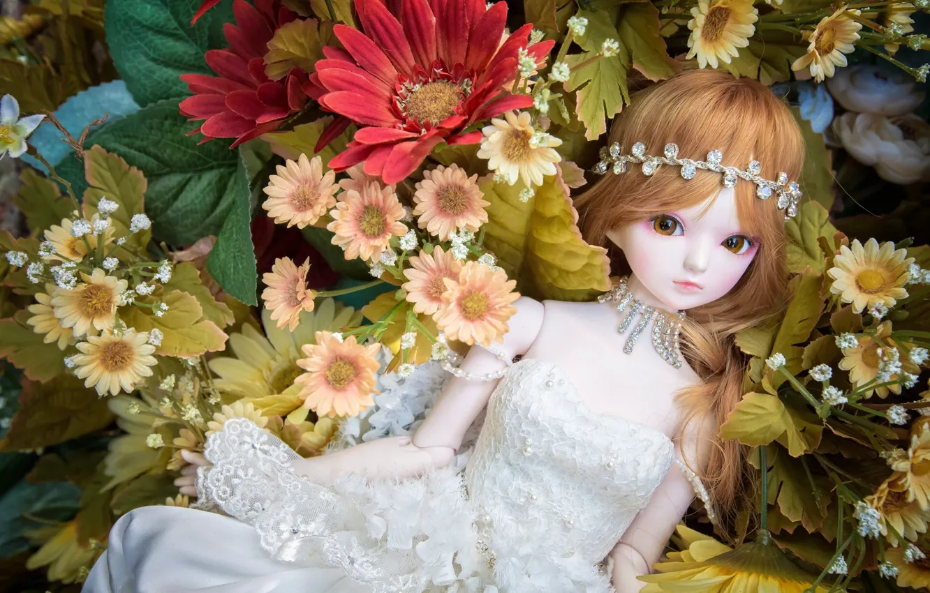 Photo wallpaper flowers, toy, doll