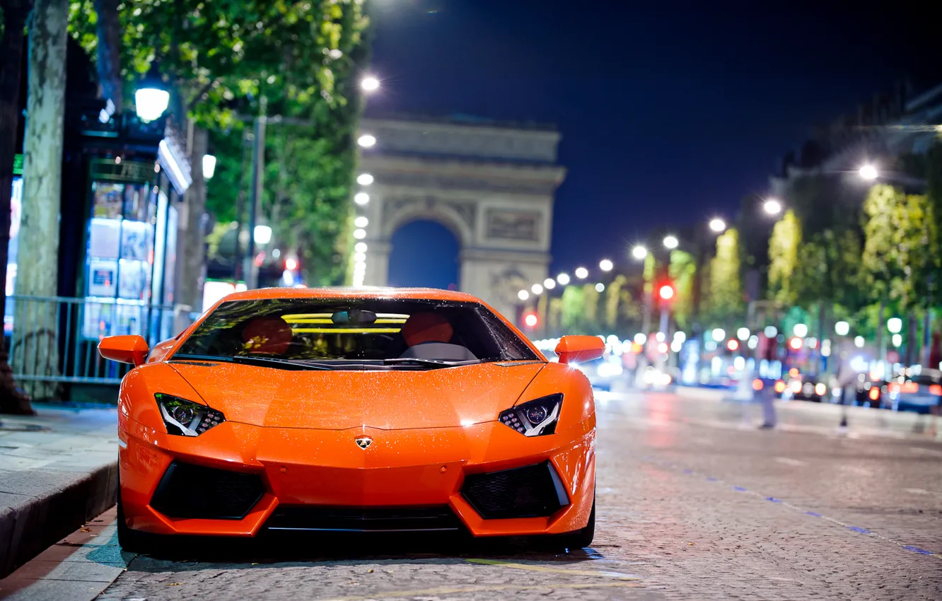 Photo wallpaper road, night, the city, Paris, Lamborghini, Lamborghini, Lamborghini, bokeh