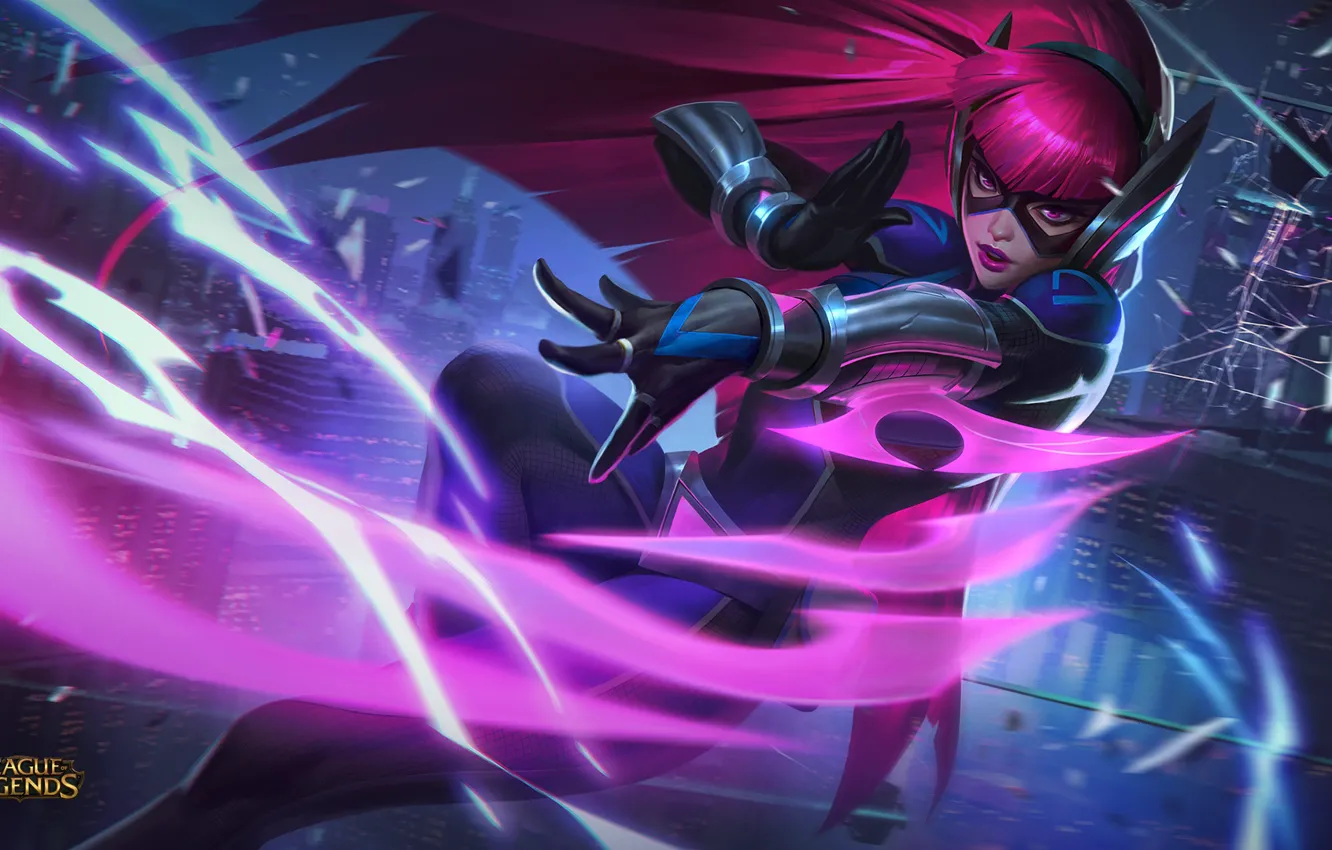 Photo wallpaper girl, the game, mask, girl, game, pink hair, League of Legends, mask