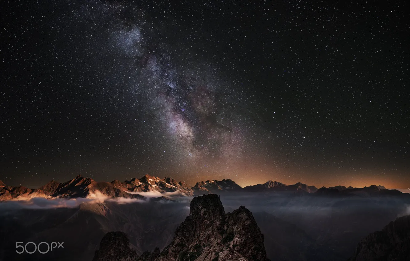 Photo wallpaper stars, clouds, mountains, night, fog, the milky way