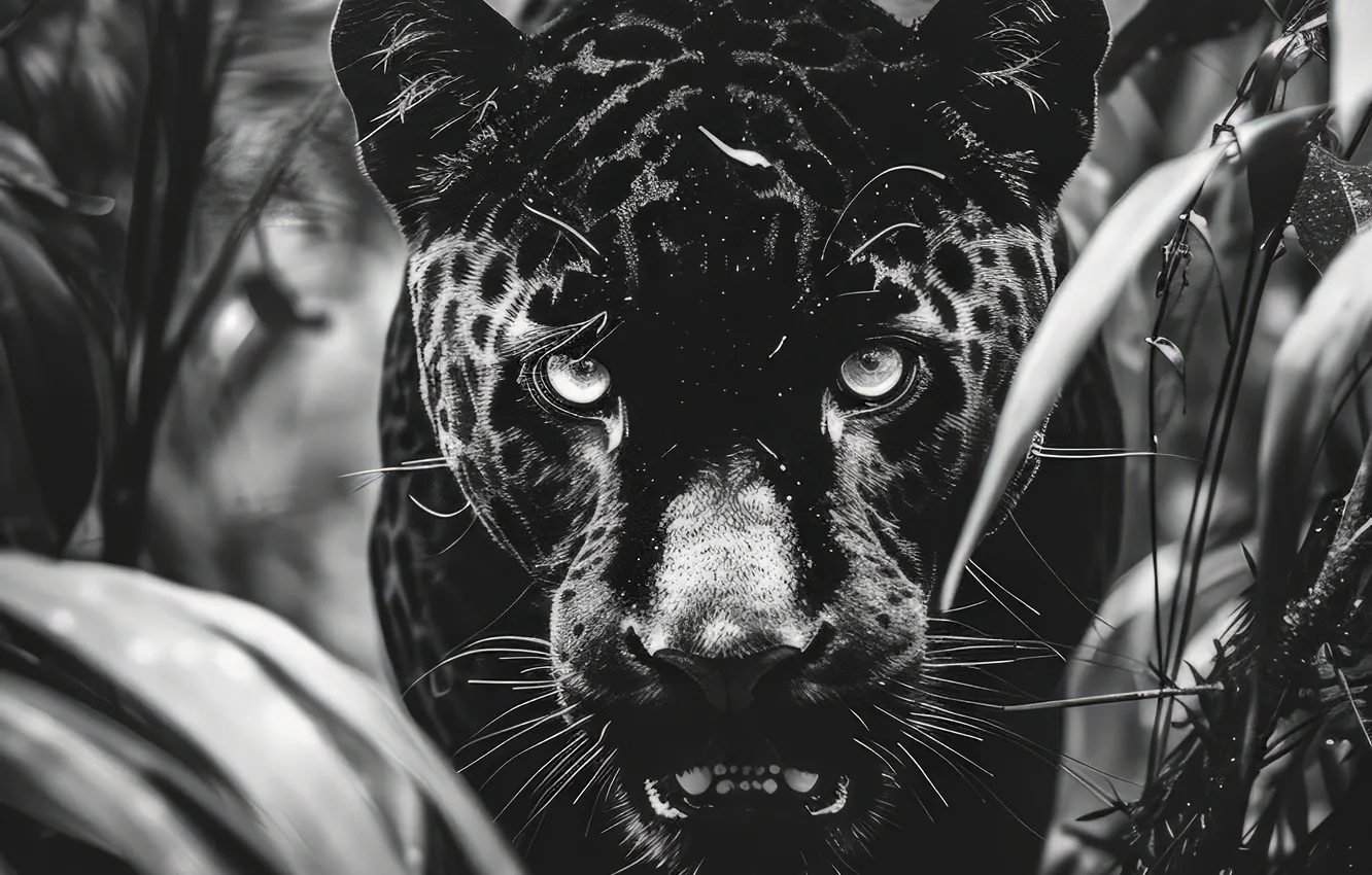 Photo wallpaper Look, Leaves, Panther, Face, Predator, Digital art, Black and white, Big cat