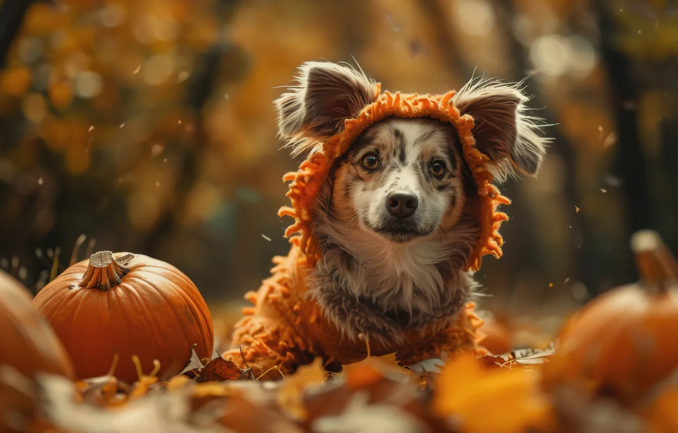 Photo wallpaper Halloween, neural network, pose, look, dog, holiday, AI art, outfit