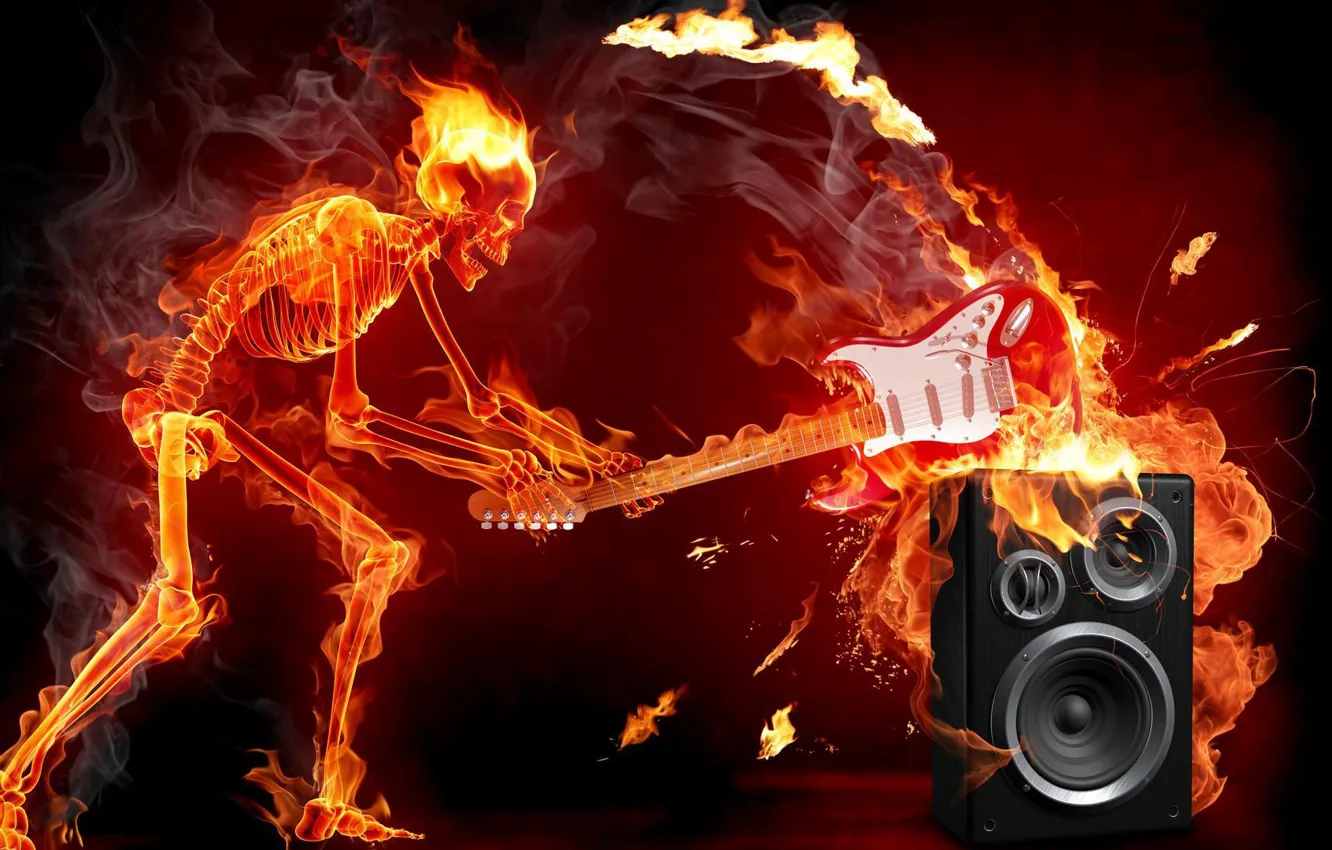 Photo wallpaper fire, rock, skeleton, music. guitar