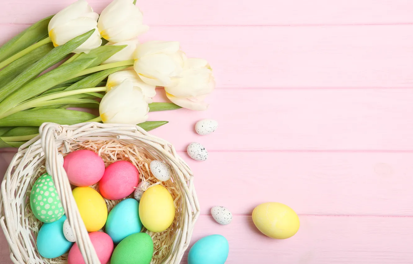 Photo wallpaper flowers, eggs, spring, colorful, Easter, tulips, wood, flowers