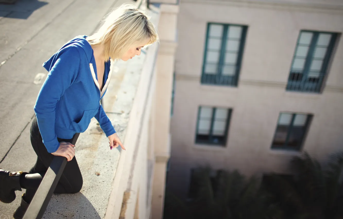 Photo wallpaper girl, windows, woman, blue, model, Hoodie, blonde, female