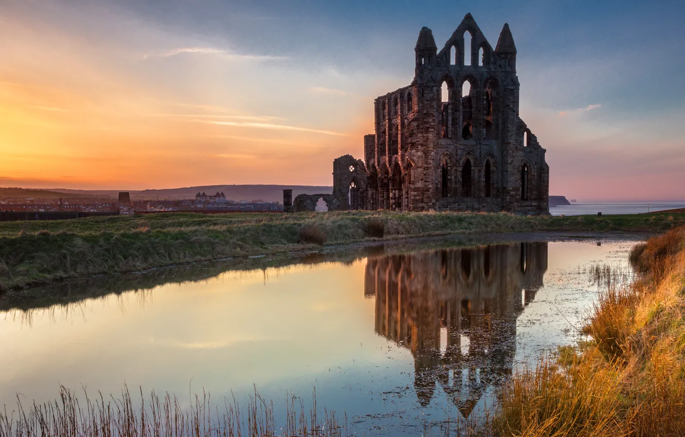 Photo wallpaper grass, sunset, castle, shore, England, building, the evening, architecture