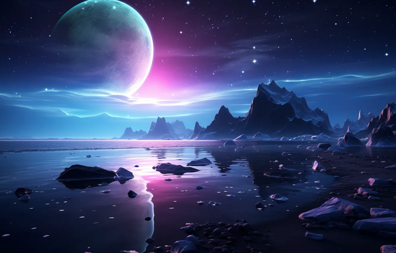 Photo wallpaper sky, landscape, water, rocks, stars, planet, reflection, digital art