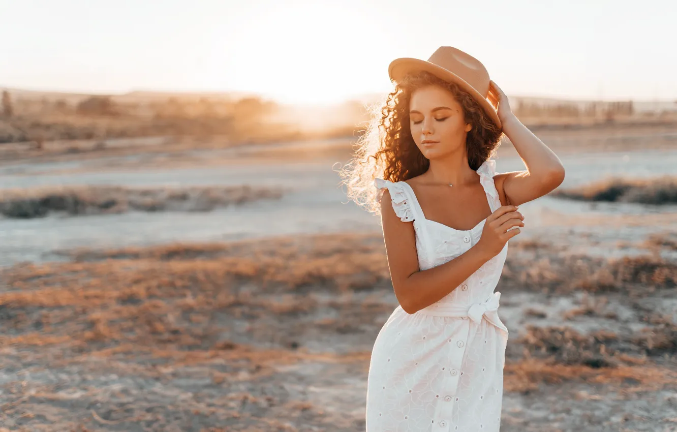 Photo wallpaper girl, pose, hat, curls, sundress, closed eyes, Alina Zaslavska, Anton Swarovsky