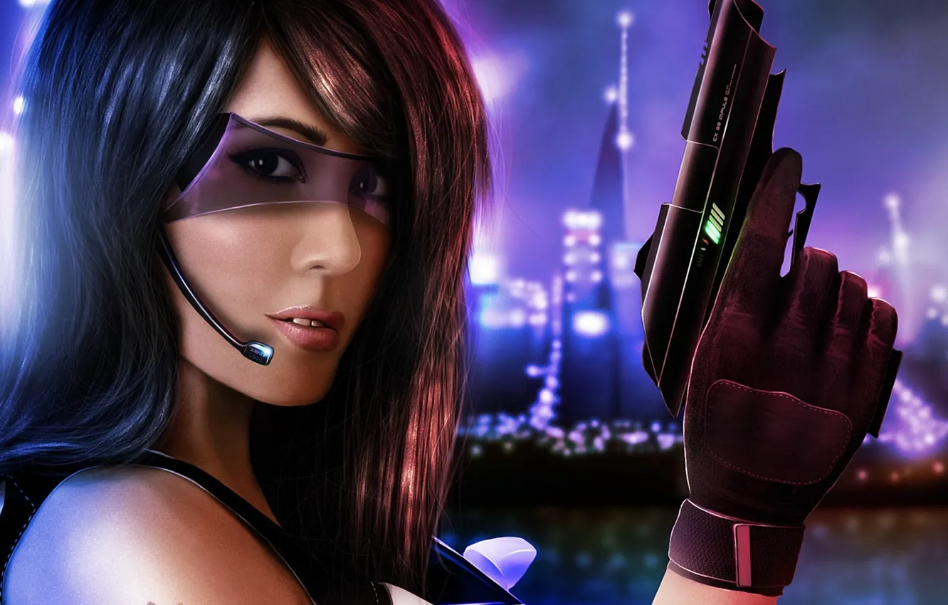 Photo wallpaper girl, the city, gun, weapons, art, glasses