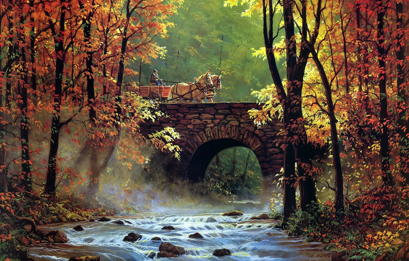 Photo wallpaper autumn, forest, leaves, light, trees, yellow, bridge, nature
