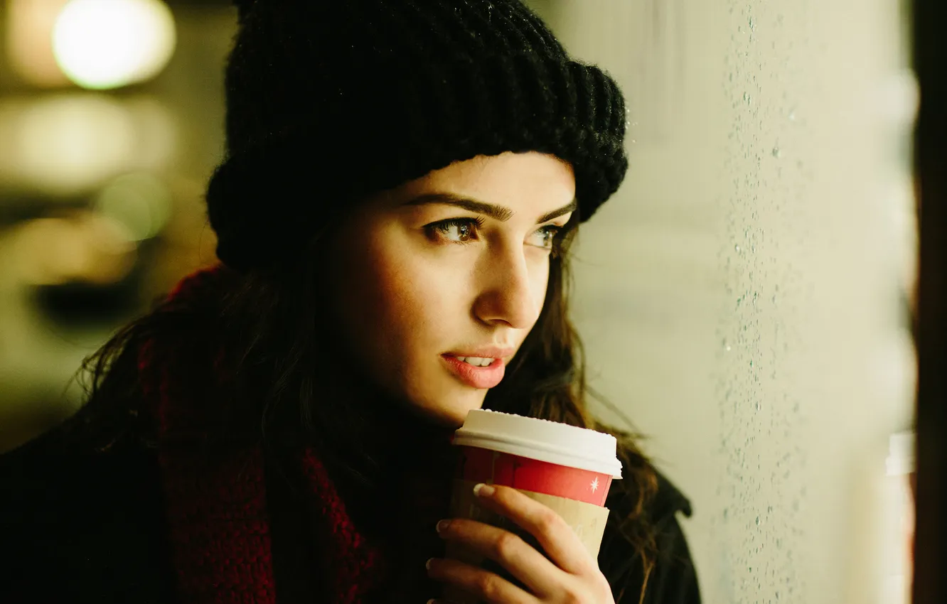 Photo wallpaper winter, look, girl, smile, hat, coffee, scarf, girl