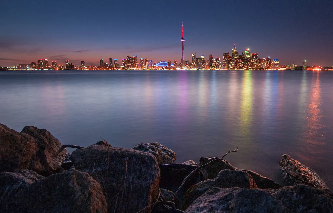 Photo wallpaper night, the city, lights, lake, reflection, stones, Canada, Toronto