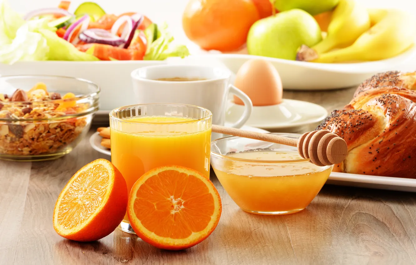 Photo wallpaper apples, food, oranges, Breakfast, juice, honey, spoon, bananas