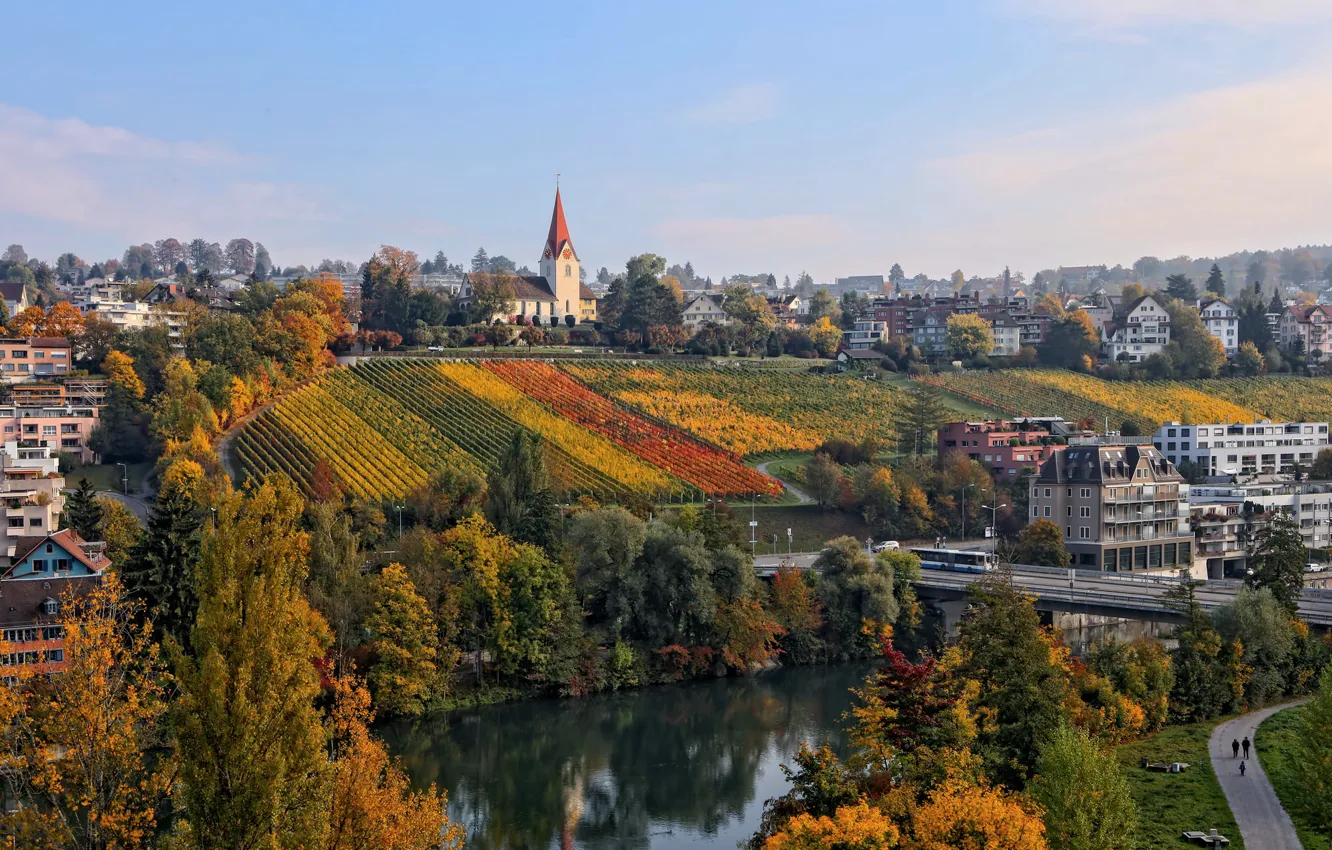 Photo wallpaper landscape, river, home, Switzerland, slope, vineyard, Zurich