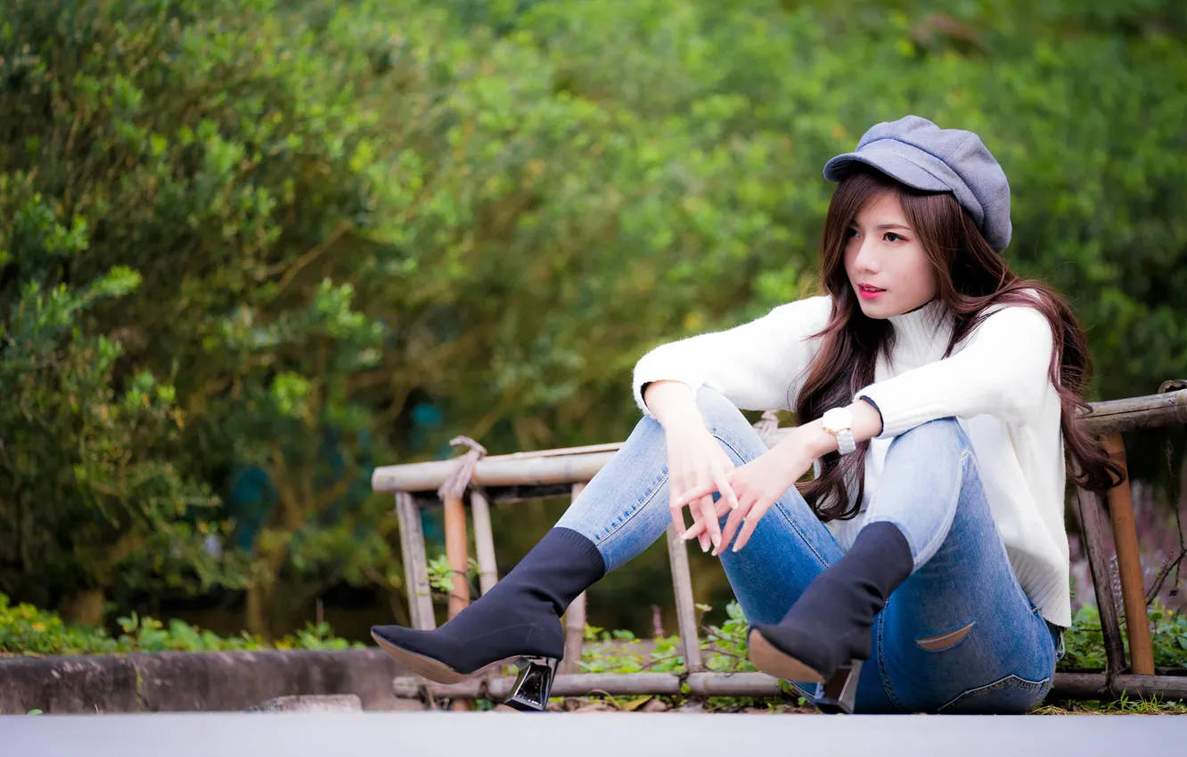 Photo wallpaper girl, jeans, cap, Asian