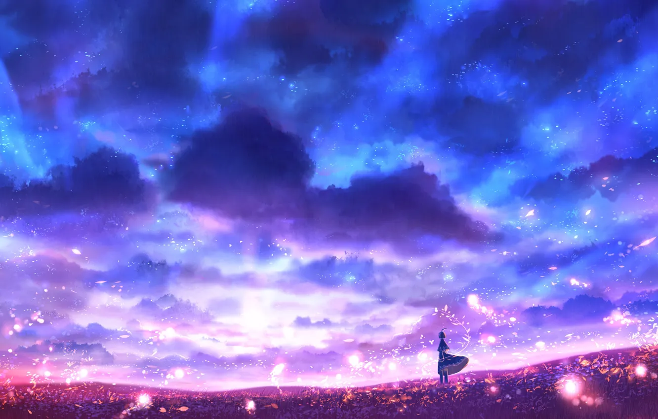 Photo wallpaper field, the sky, girl, lights, fantasy