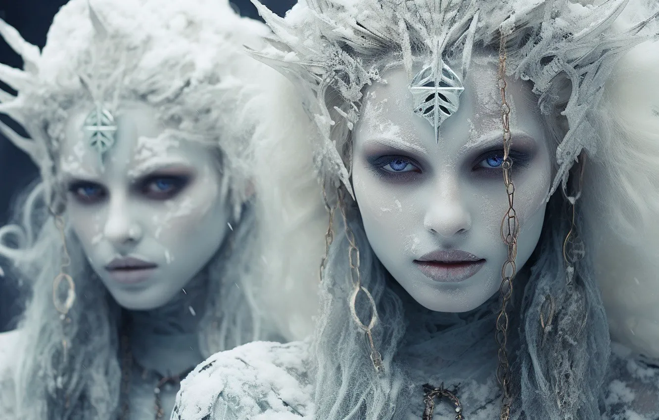 Photo wallpaper winter, frost, look, girl, snow, decoration, face, portrait