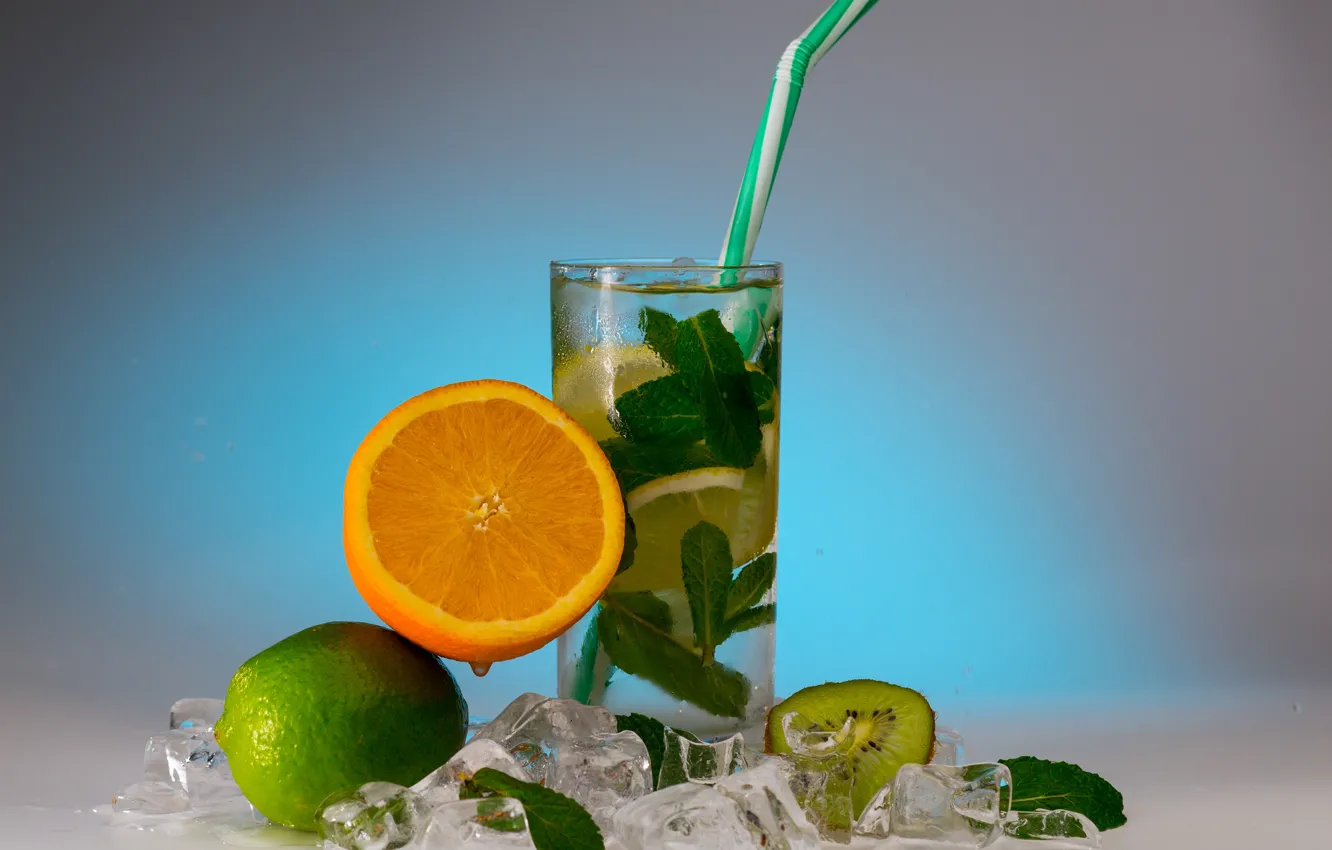 Photo wallpaper glass, orange, ice, kiwi, lime, drink, mint, fresh