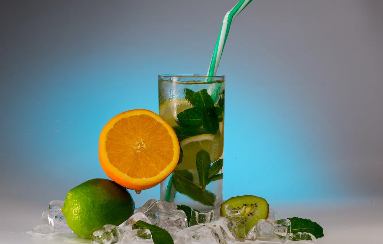 Photo wallpaper ice, glass, orange, kiwi, lime, drink, mint, fresh