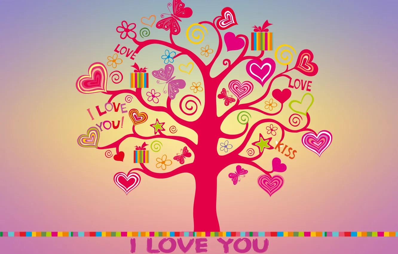 Photo wallpaper love, tree, colorful, hearts, love, I love you, butterfly, background