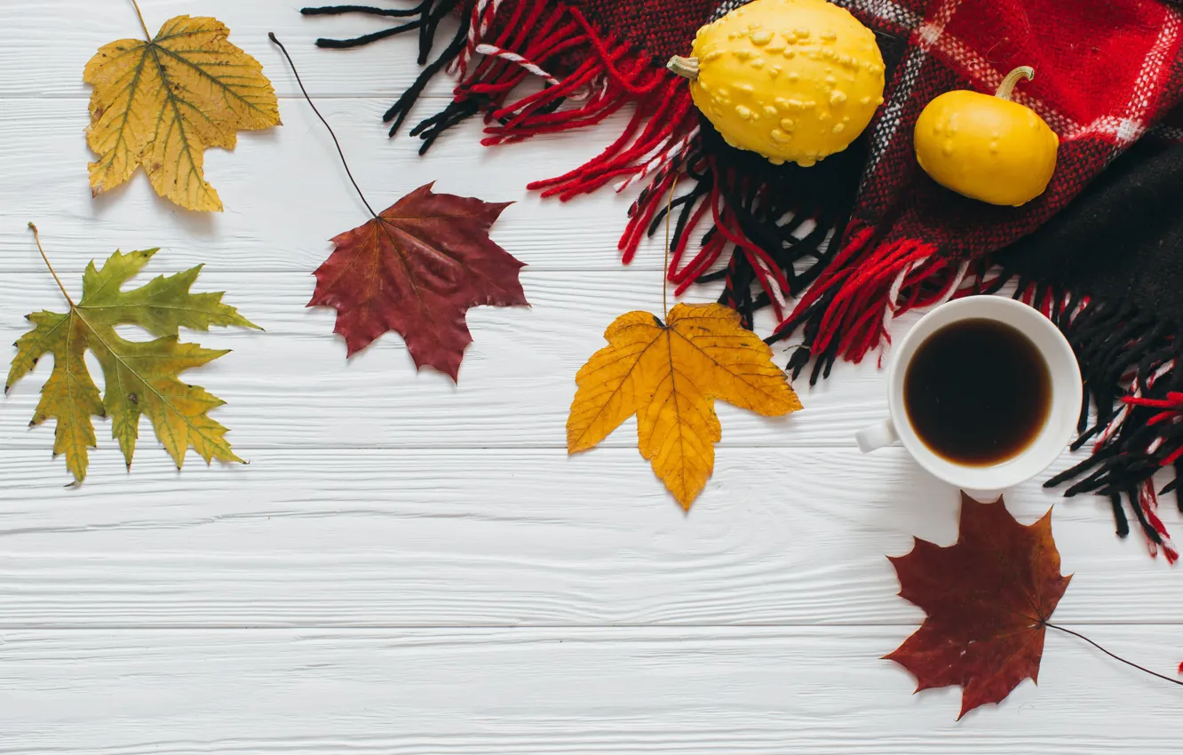 Photo wallpaper autumn, leaves, coffee, scarf