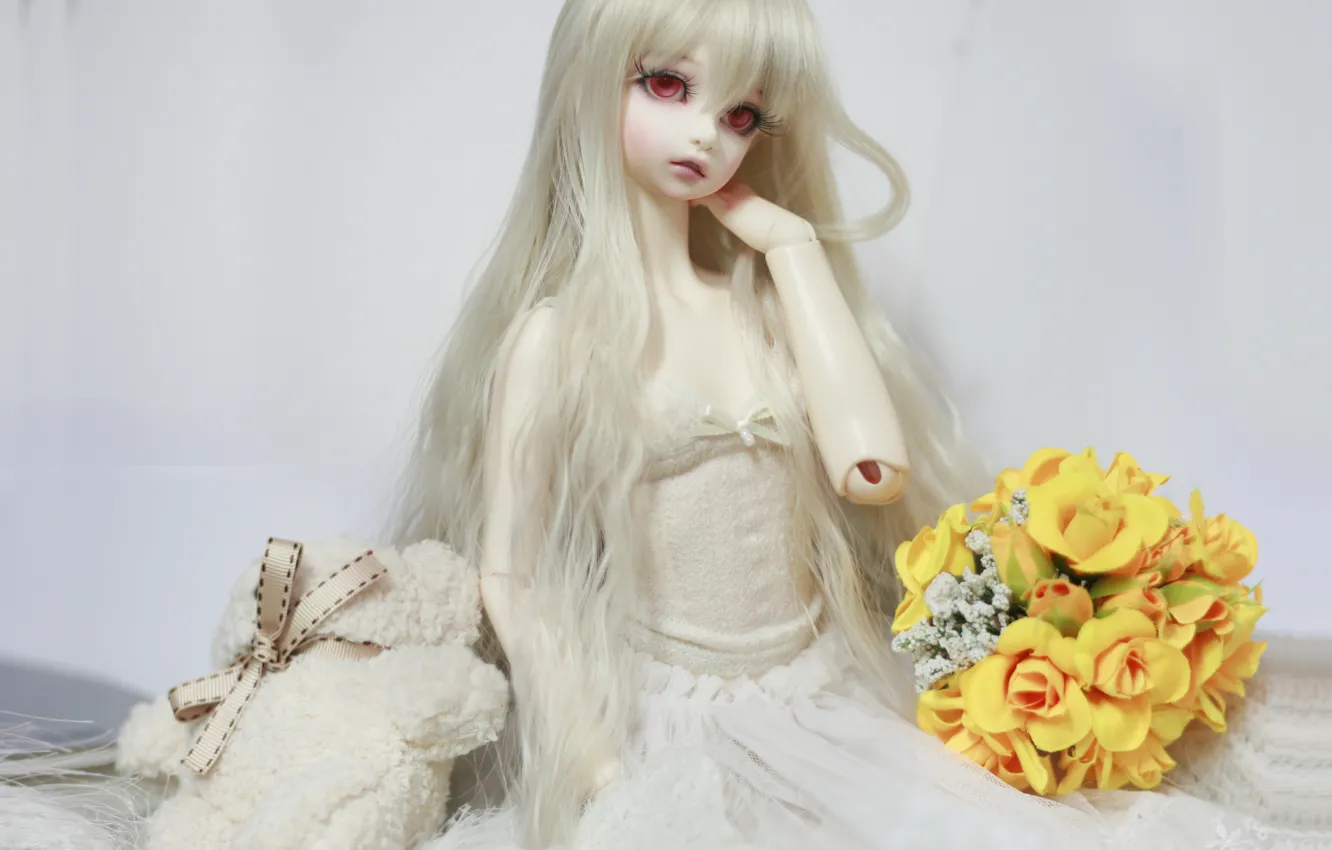 Photo wallpaper flowers, doll, dress, bear, red eyes, bow, long hair, doll