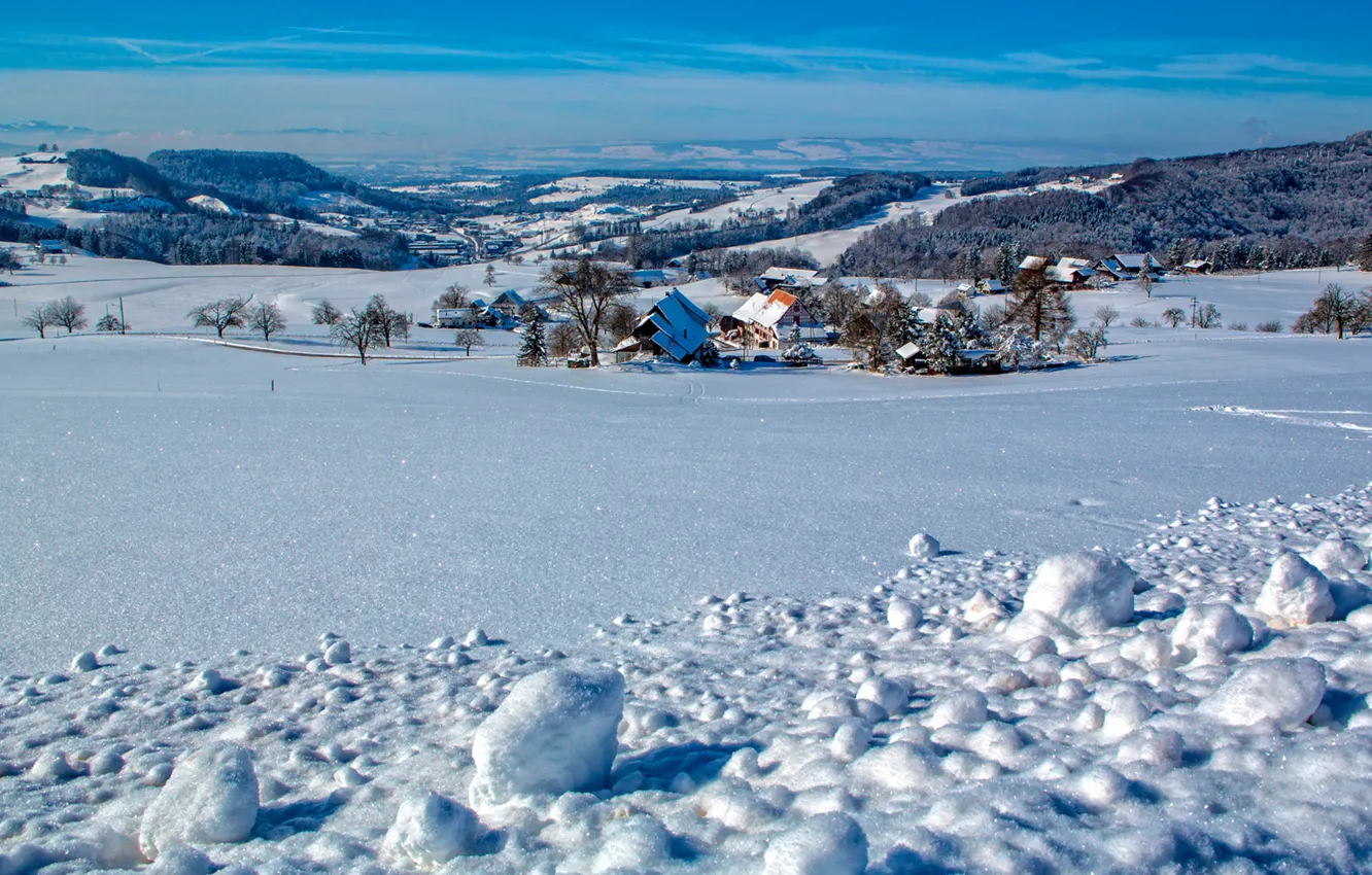 Photo wallpaper winter, the sky, snow, mountains, home, slope
