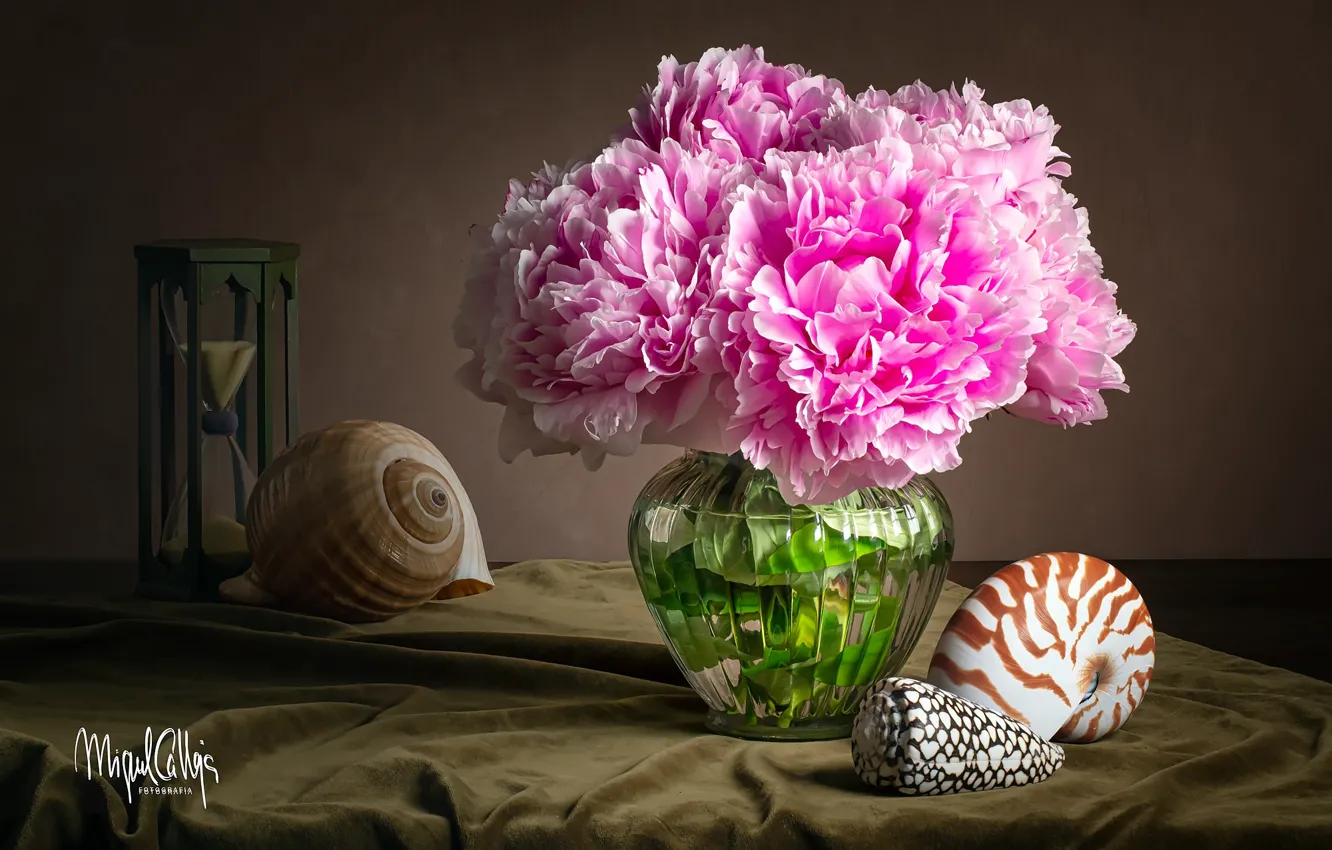 Photo wallpaper bouquet, vase, shell, pink, peonies