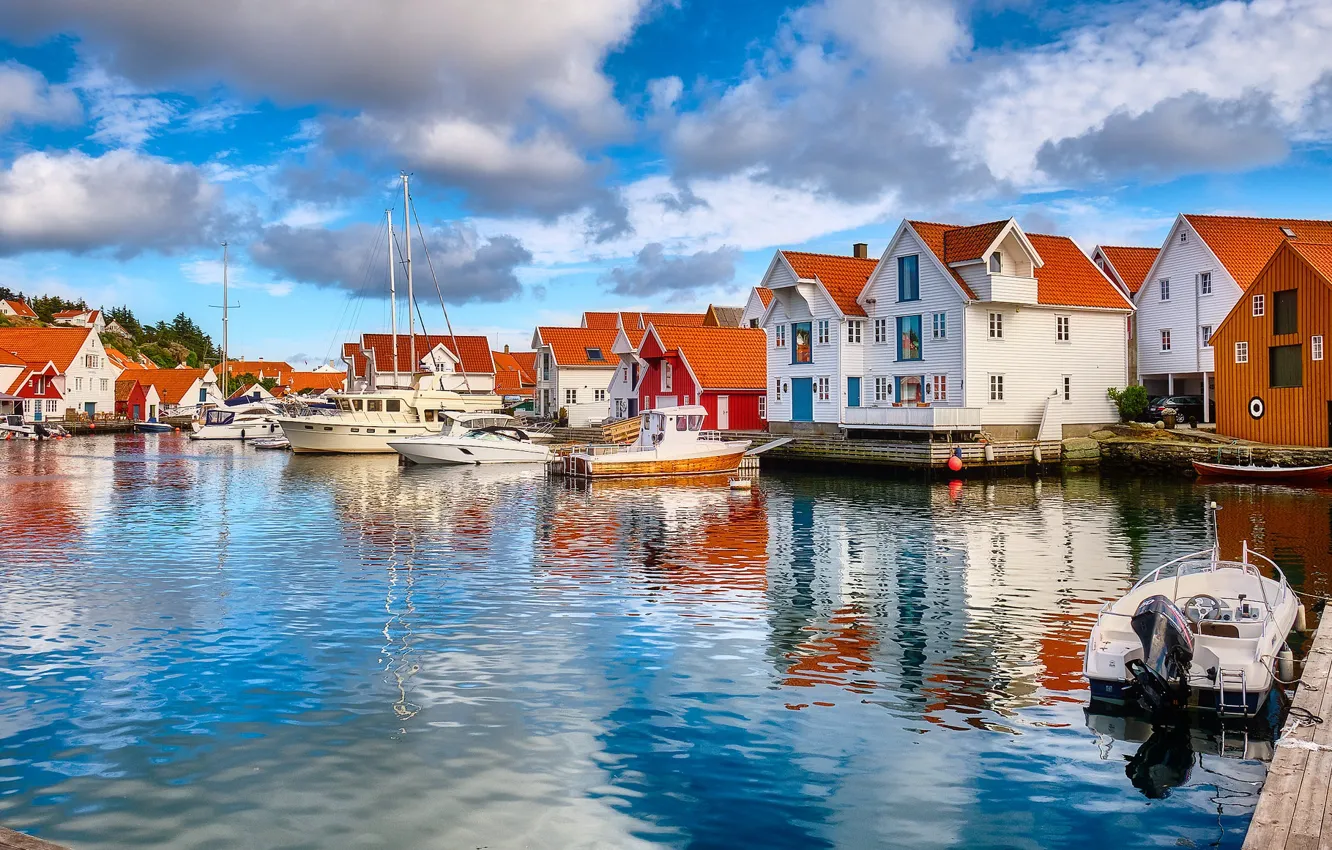 Photo wallpaper the sky, clouds, boat, pier, Norway, Skudeneshavn